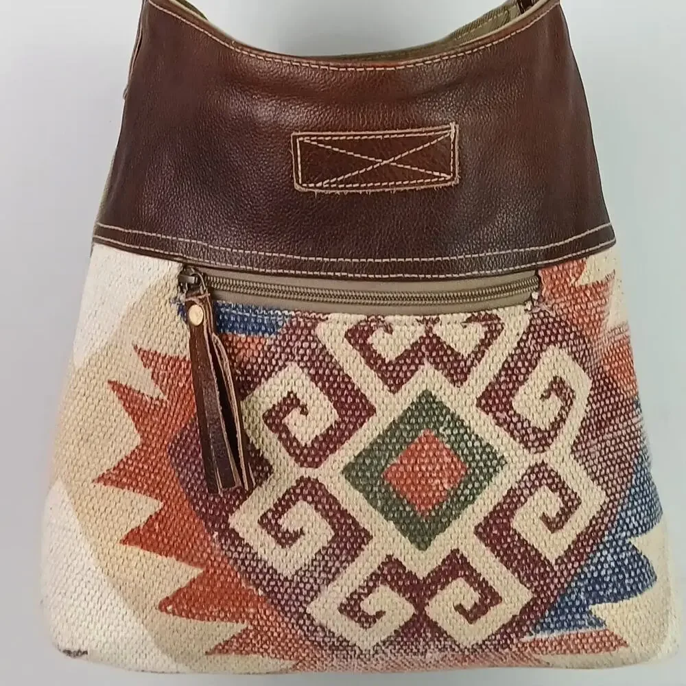 Myra Crimson Rug-Canvas-Genuine Leather Crossbody Bag Southwest Boho Hippie